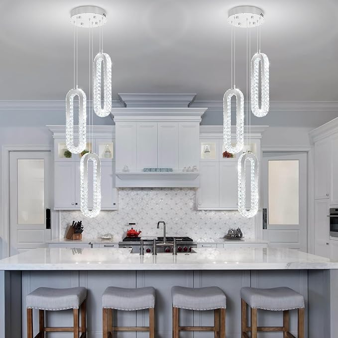 3-Light Modern Pendant Light Crystal Ring Chandelier Silver LED Pendant Lighting Fixture for Dining Room Kitchen Living Room Foyer Hallway Bedroom