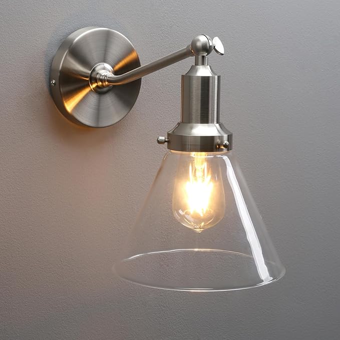 PERMO Industrial Vintage Slope Pole Wall Mount Single Sconce with Funnel Flared Clear Glass Shade Brushed Wall Sconce Light Lamp Fixture