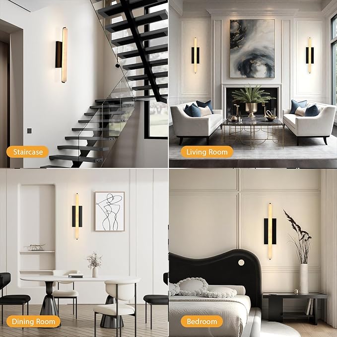 Alabaster Wall Sconces Set of Two, 25in Black Alabaster Sconce, Modern Spanish Natural Marble Sconces Lights, Rectangle Sconces for Bathroom Vanity Bedroom Living Room Staircases Hallway