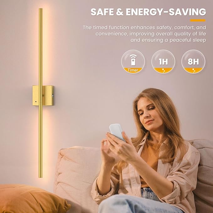 NIORSUN 35 Inch Battery Operated Wall Sconce Set of 2, 360° Rotation Gold Rechargeable Wall Lights with Detachable Tube and Remote, 3CCT Dimmable Wireless Wall Lamp for Living Room Bedroom Hallway