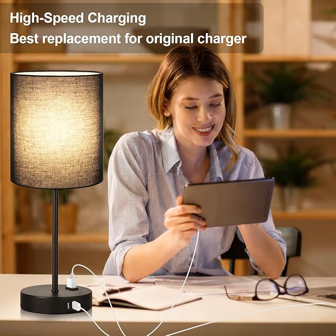 Lynnoland Set of 2 Touch Control Table Lamps with 2 USB & AC Outlet, 3-Way Dimmable Bedside Nightstand Lamps for Bedroom Living Room Nursery, 800 Lumens 3000K Warmlight Bulbs Included