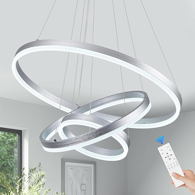 3-Rings D23.6 Modern LED Chandelier Silver Dimmable Pendant Lighting with Remote Control Circular Flush Mount High Ceiling Light for Dining Room Living Room Bedroom Entrance Foyer, 3000K-6500K