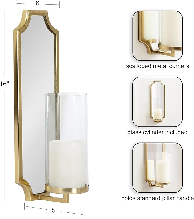 Kate and Laurel Ciel Glam Mirrored Wall Sconce; 6 x 5 x 16; Gold; Modern Scalloped Candle Holder with Removable Glass Cylinder and Mirror for Bathroom or Bedroom Wall Decor