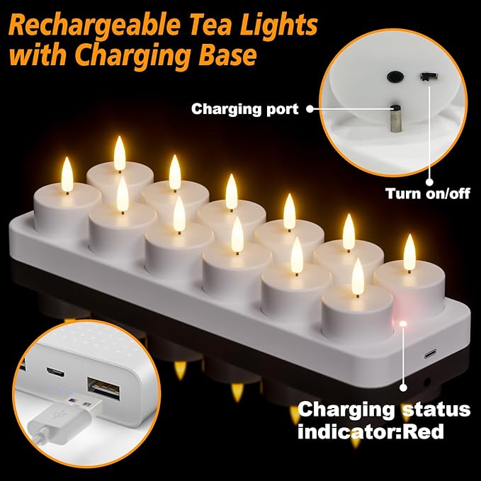 GenSwin 12 Rechargeable Tea Lights Candles with Charging Base and Remote Timer, Flameless LED Tealight Candles Battery Operated Halloween Fall Wedding Table Centerpieces (1.57” x 1.85”)