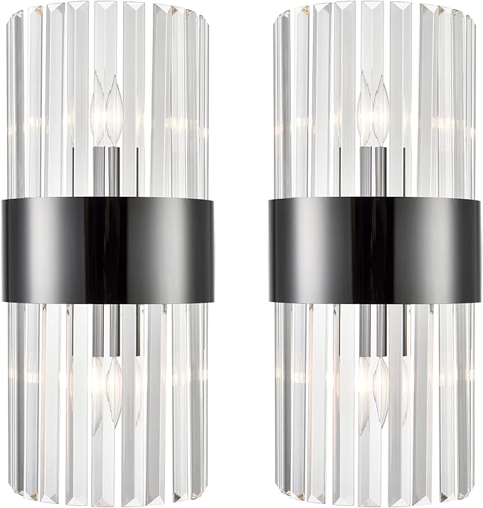 SAMTEEN Crystal Wall Sconces Set of Two Modern Titanium Black Crystal Sconces Wall Lighting 2-Light Clear Glass Wall Light Fixtures for Bathroom Hallway Bedroom