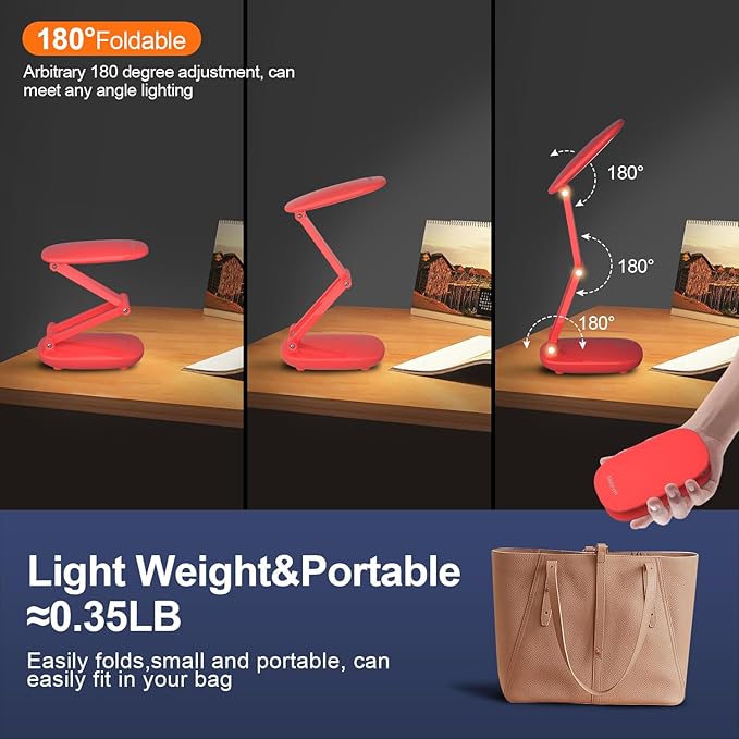 LED Desk Lamp for Office Home & Battery Operated Lamp Rechargeable Lamp Foldable & Portable Light, [2-Fold Bracket] 3 Brightness Dimmable Small Desk Lamp Wireless Reading Lamp (Red)