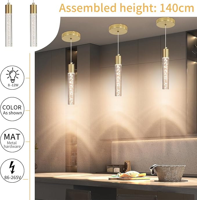 Modern Kitchen Island Hanging Light, Gold LED Pendant Lights Fixture, Bubble Acrylic, 3 Color Temperatures, Mini Ceiling Chandelier Lighting for Dining Room, Bedroom, Foyer Entrance, Cafe