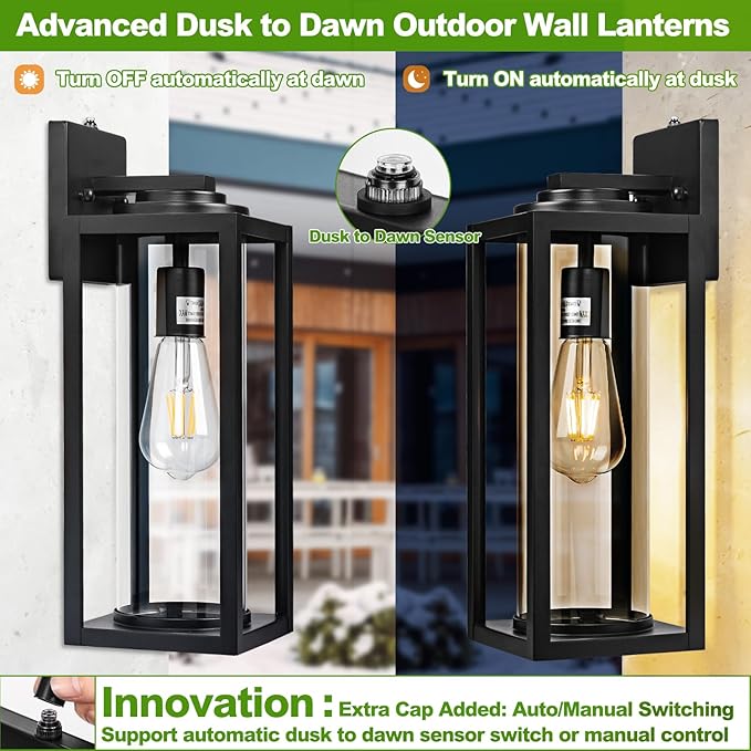 Dusk to Dawn Outdoor Wall Light Fixtures - 2 Packs Exterior Waterproof Outdoor Lighting, Modern Porch Sconces Wall Mounted Lighting, Industrial Anti-rust Matte Black Outside Lantern for Front Door