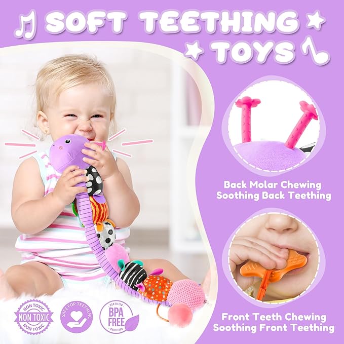Baby Toys 0-6-12 Months,Musical Caterpillar Stuffed Animals Activity Infant Toys with Crinkle,Rattles,Mirror&Pull String,Muti-Sensory Toys Gifts for Newborn Tummy Time,Taro Purple|Leafy