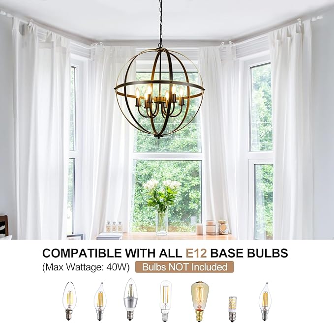 DLLT 6-Light Orb Chandelier, Black and Gold Globe Pendant Lights, Industrial Sphere Pendant Lighting Over Island, Adjustable Hanging Light with Metal Cage for Dining Room Foyer, E12 Bulbs Not Included