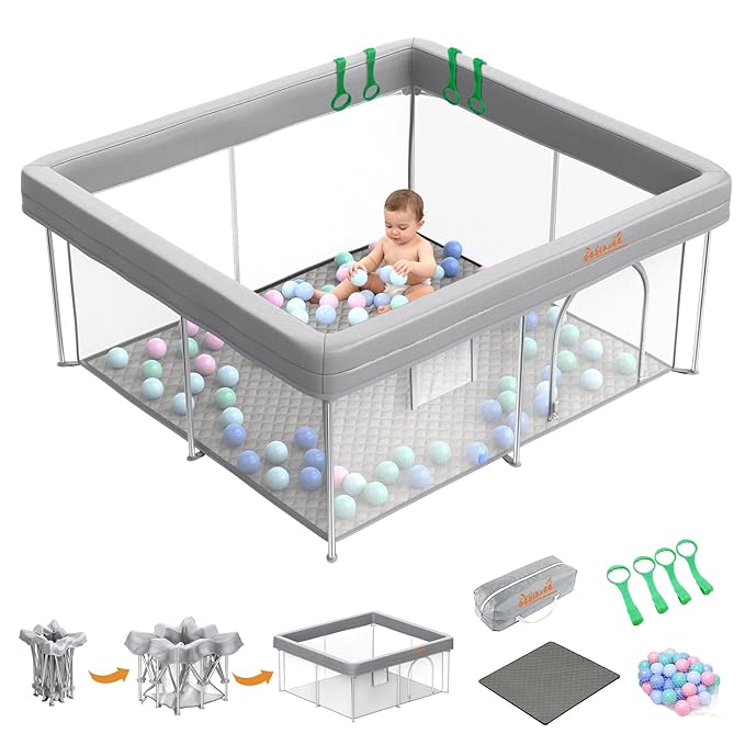 Gelblazee Foldable Baby Playpen 50x50 Inch, Portable Play Yard for Babies & Toddlers, Safety Fence Play Area with Mat, Balls, Pull Rings & Carry Bag, Indoor Outdoor Baby Activity Center, Grey