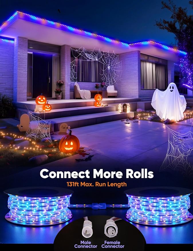 16FT Outdoor LED Strip Lights RGB+IC with Warm&Cool White, 120V Pixel Control Light String Music Sync, Waterproof and Connectable, for New Year Party Festival Eave Porch Patio Home Decor, ETL Listed