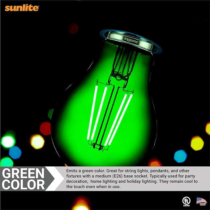 Sunlite 40941 LED Colored Filament A19 Light Bulb, 4.5 Watts, Medium E26 Base, 120 Volts, Transparent Green, Dimmable, 320 Degree Beam Angle, UL Listed, 6 Count