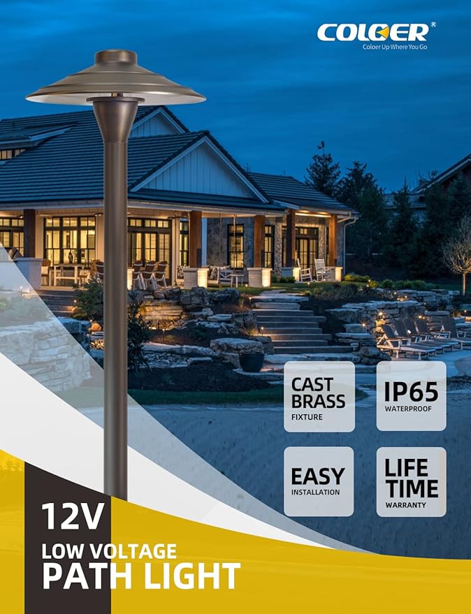 COLOER Brass Low Voltage Walkway Lights for Outside Bronze Finish 1-Pack with LED G4 Bulb,9-17V AC/DC 2W 2700K Warm White Outdoor Landscape Path Lights for Garden,Yard,Sidewalk or Driveway(601B)