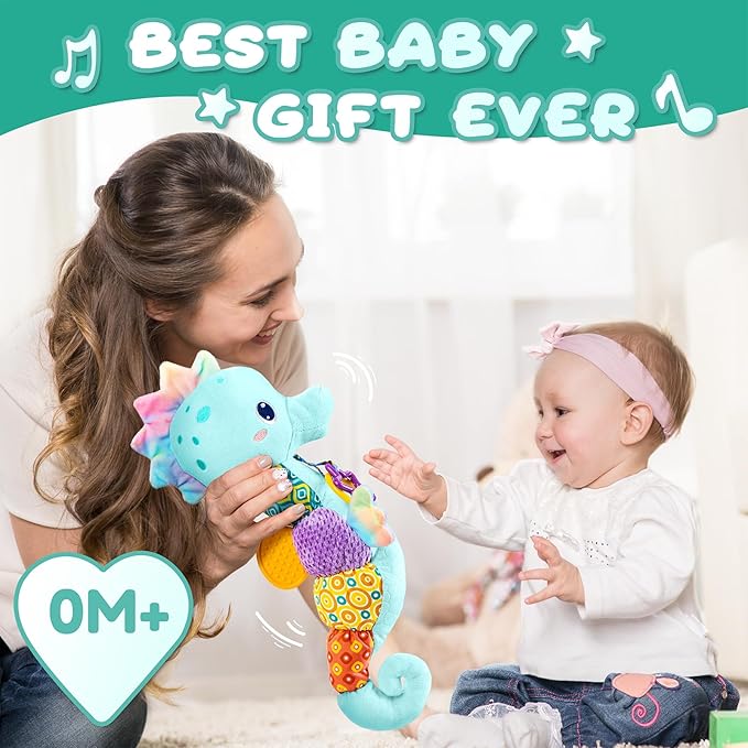 Baby Toys 0 to 12 Months, Musical Stuffed Animal Activity Soft Toys with Multi-Sensory Crinkle, Rattle and Textures, Infant Tummy Time Toys for Newborn Boys, Seahorse, Blue