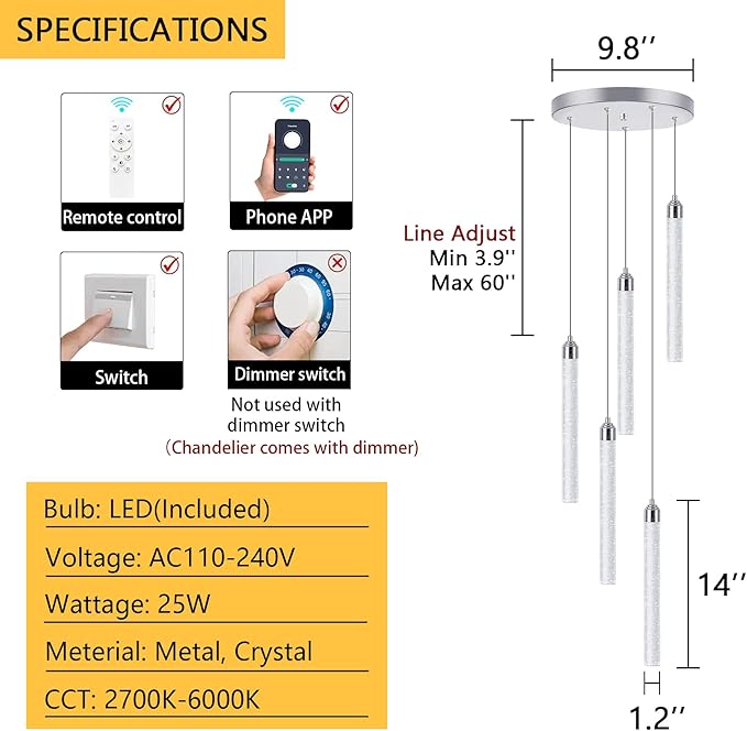 5 Light Mini Chandelier LED Pendant Lighting for Kitchen Island Modern Bubble Crystal Pendant Light Adjustable Pendant Light Fixture Chrome Ceiling Handing Lights for Dinning Room Bedroom 2700K 6000K