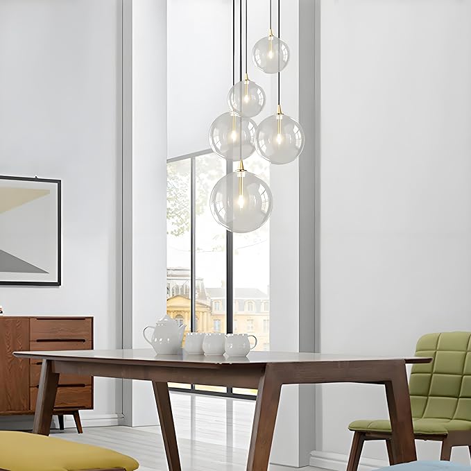 Minimalist Transparent Glass Ball Pendant Light in Gold Finish, Height Adjustable G4 LED Ceiling Haning Light for Dining Room & Living Room (25CM)