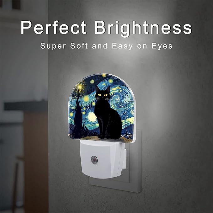 Starry Night Black Cat Night Light Plug into Wall, Impressionist Oil Painting Dusk to Dawn Night Light Plug in,0.5w Energy Saving Sleep Friendly NightLight for Kids Boys Girls Home Decor