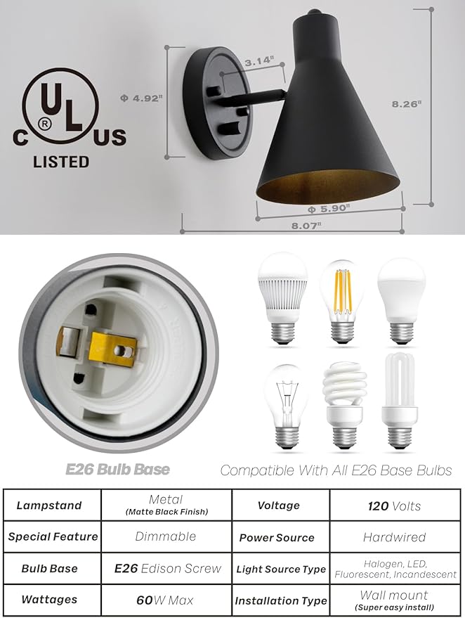 Wall Sconces Black Wall Sconce with Switch Bathroom Vanity Light with Metal Shade Dimmable Sconces Wall Lighting for Bedroom Living Room Bedside Bathroom Hallway Stairway E26 Hardwired