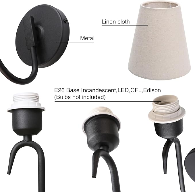 PERMO Matte Black Wall Sconce with Linen Fabric Shade E26 Hardwired Wall Light Goose-Neck Design Industrial Vintage Wall Lamp for Bedroom, Living Room, Hallway