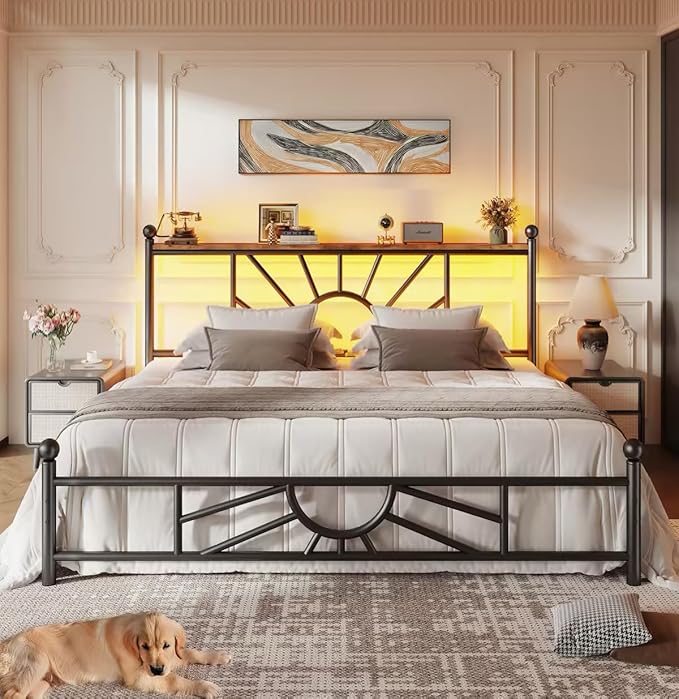 King Size Metal Platform Bed Frame with Classic Iron-Art Headboard & LED Light, Mattress Foundation with Under Bed Storage/No Box Spring Needed/Noise-Free/Easy Assembly, Black