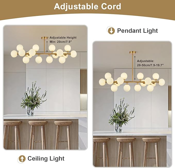 KCO Lighting Modern Glass Linear Pendant Light White Globe Chandelier Light Fixture Gold Rectangle Chandelier 16 Light Brass Globe Sputnik Dining Room Chandelier Mid Century Pendant Light