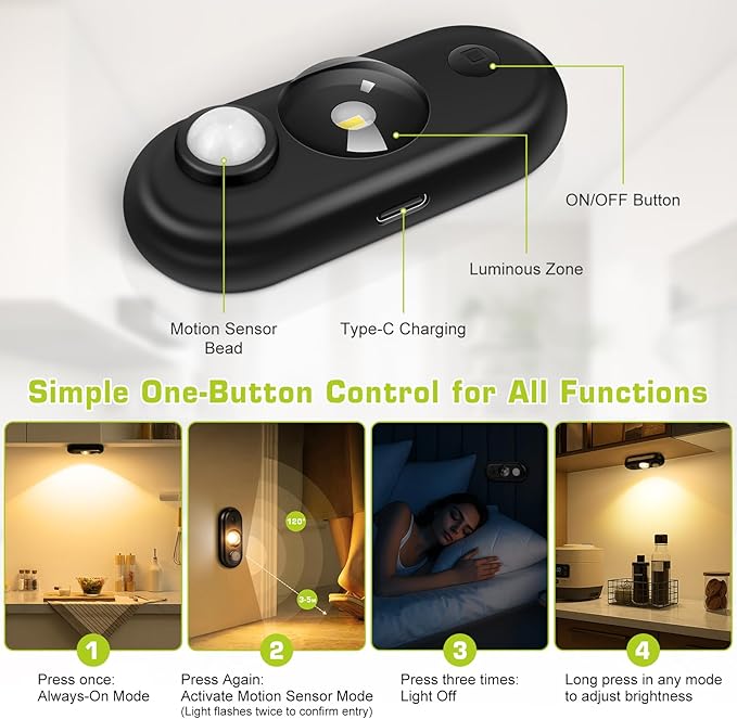 LED Motion Sensor Puck Lights, Small Rechargeable Cabinet Light, Dimmable Stick On Magnetic LED Night Light, Black Wireless Motion Puck Lights for Closet, Stairs, Drawer, Shelf (6 Pack)