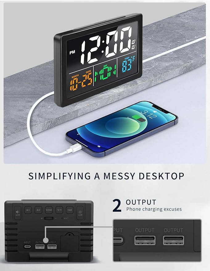 Digital Alarm Clock, with 5.5" Large LED Time Display, Adjustable Alarm Volume, 6 Level Brightness, Alarm Settings, USB Charger, Temperature Detect, Snooze, Clocks for Bedroom, Bedside, Desk, Black