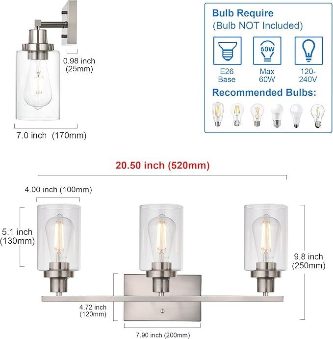MELUCEE 3 Lights Wall Sconce Brushed Nickel Finished Modern Bathroom Vanity Light Fixtures with Clear Glass Shade Suit for Porch Bedroom Foyer Kitchen (Patent No.: US D963914 S)