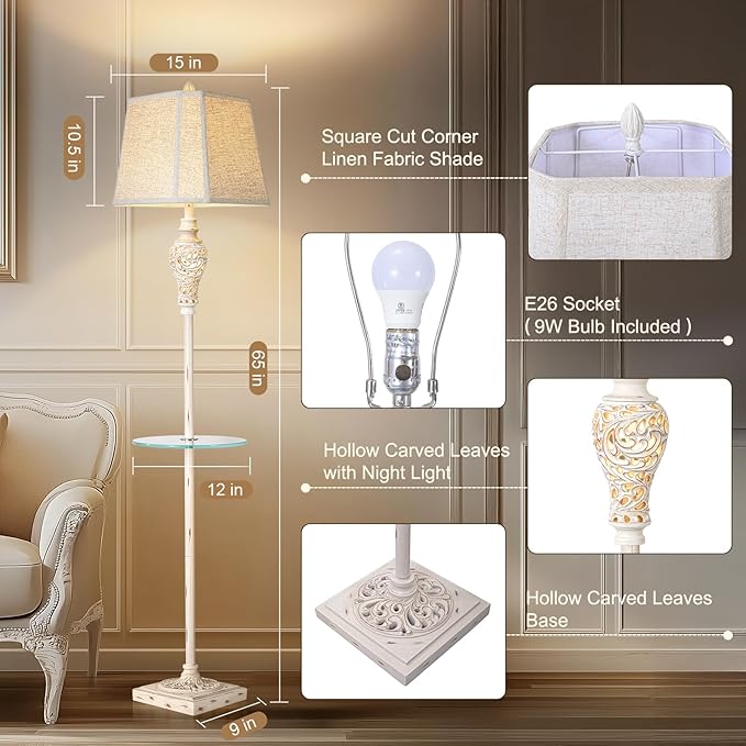 Vintage Floor Lamp with Nightlight and Glass Tray, Farmhouse Standing Lamp with White Washed Finish and Linen Shade, 65" Rustic Tall Lamp Decor for Living Room, Bedroom, Office, House (Bulb Included)