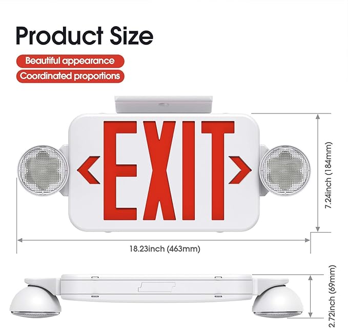 Red Led Exit Sign Emergency Light Combo Adjustable Two Head, Double Sided and Battery Backup Exit Light, Contractor Select, AC 120/277V (1)