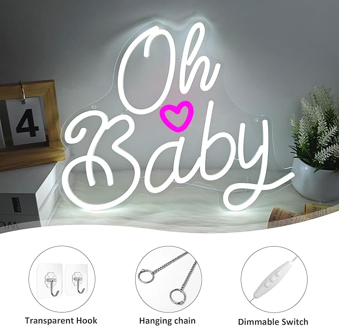Oh Baby Neon Sign for Wall Decor, Oh Baby Sign for Backdrop, Neon Sign Led Light with Dimmer, for Bedroom Wedding baby Shower Gender Reveal Party, Pink Wall Decoration USB Powered with Switch