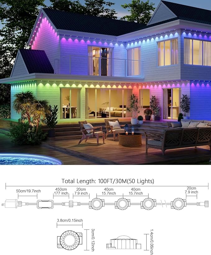 Permanent Outdoor Lights for House,100ft RGB+IC Smart Outdoor Decor,DIY Scene Modes, App/Remote Control,IP67 Waterproof, for Christmas,Holiday, Daily & Pool Party Decor, House Roof Lighting