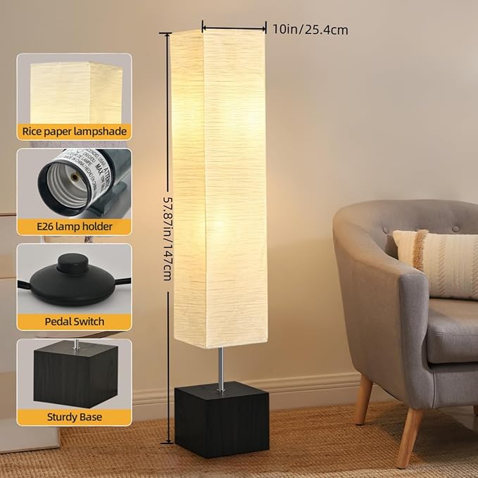 PureBalance Modern Floor Lamp with Solid Wood Base, 65 Inches Tall, Full Dimmable LED, Black and White