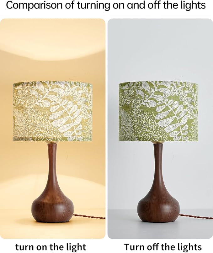 Vintage Boho Green Flower Fabric Red Wood Pattern Bedside Nightstand Table Lamp for Bedroom, Mid Century Modern Farmhouse Decorative Table Lamp Desk Lamp for Living Room Hallway Home Office