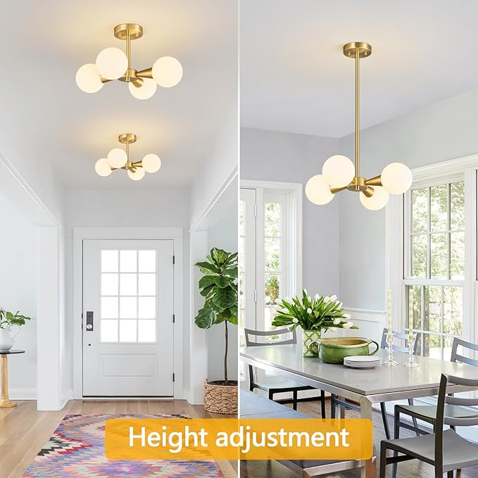 Mid Century Modern Ceiling Light with Milk White Glass lampshade Gold Semi Flush Mount Ceiling Light Fixture Sputnik Chandelier for Bedroom Living Room Dining Room Foyer Hallway(4-Lights)