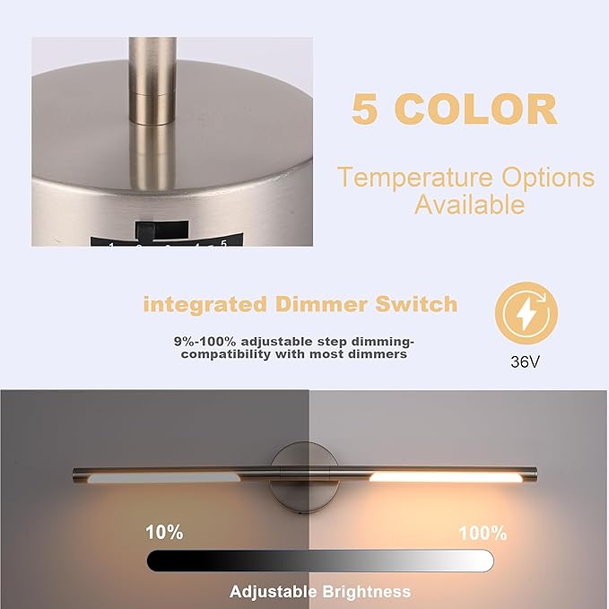BONLICHT Brushed Nickel Bathroom Light Fixtures 24inch Dimmable 5CCT LED Vanity Light 12W 350°Rotatable Modern Bath Vanity Lighting Bar Over Mirror Contemporary Indoor Porch Sconces Wall Mount Lamp