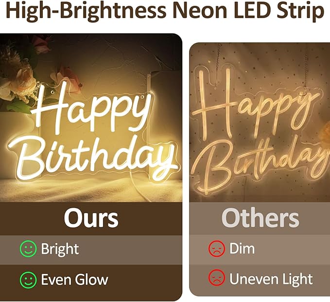 Happy Birthday Neon Sign with Dimmable, Birthday LED Neon Light for Wall Decor, LED Up Light with USB Powered for All Birthday Party Decoration, Backdrop Wall (Warm White)