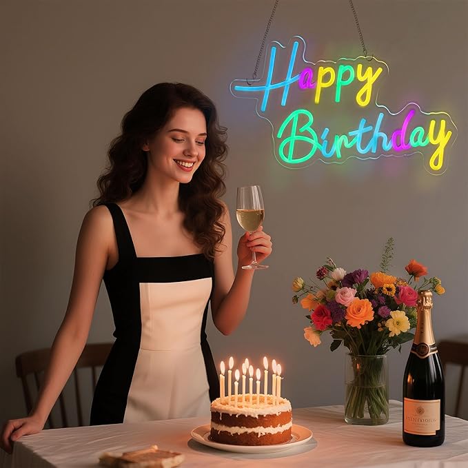 Mornajina 16.5'' x 11.8'' Happy Birthday Neon Sign for Backdrop Wall Decor USB Powered, Happy Birthday Led Sign for Backdrop Light up Sign Dimmable Neon Light for Birthday Party Decoration (Colorful)