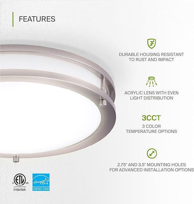 ASD LED 16" Round Flush Mount Lighting, Close to Ceiling Light Fixture | 3CCT, Dimmable, Energy Star, ETL Listed | 24W 1900LM 3000-5000K 120V | Low Profile Double Ring Lamp | Nickel, 2 Pack