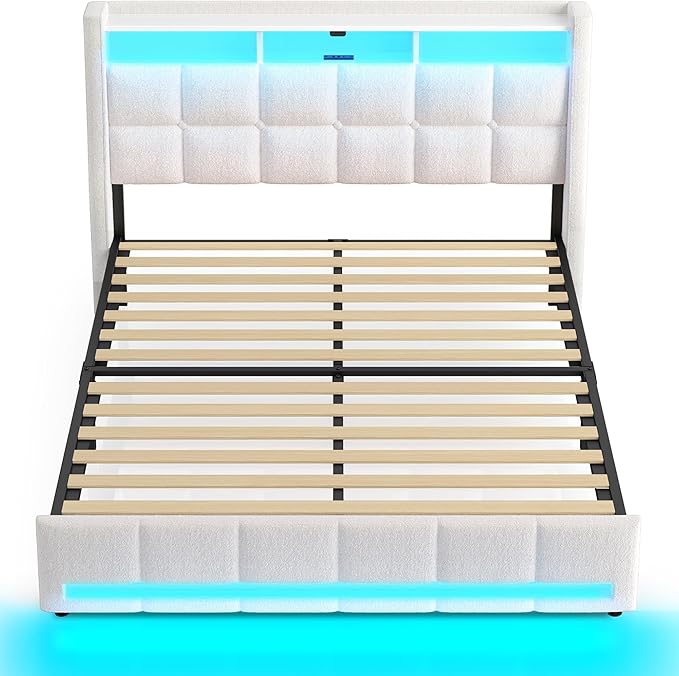 Rolanstar Full Size Bed Frame with LED Lights and Charging Station, Upholstered Headboard with 2-Tier Storage Shelves, Heavy Duty Metal Frame, Noise-Free Support, Easy Assembly, No Box Spring Needed