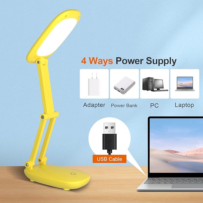 LED Desk Lamp for Office Home & Battery Operated Lamp Rechargeable Lamp Foldable & Portable Light, [2-Fold Bracket] 3 Brightness Dimmable Small Desk Lamp Wireless Reading Lamp (Yellow)