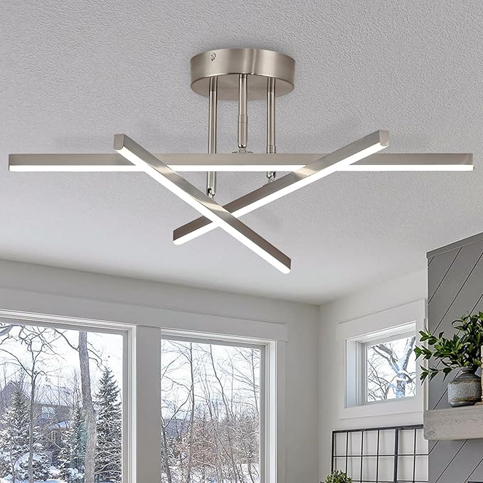 Modern LED Chandelier 18W Dimmable Nickel Semi Flush Mount Ceiling Light Fixture for Kitchen Dining Room Foyer Entry, 23.82"