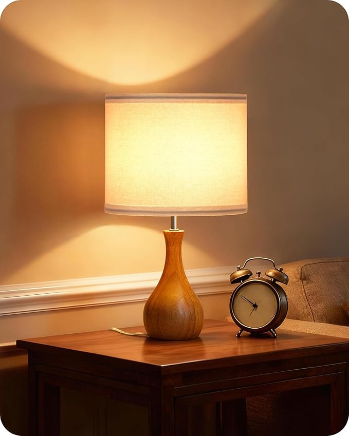 Small Table Lamp, Wood Desk Lamp with White Linen Lampshade & Dark Wood Bottle-Shaped Base, Modern Bedside Lamp with Cable, E26 Base, Bulb Not Included, for Bedroom, Kid's Room LW09TL05