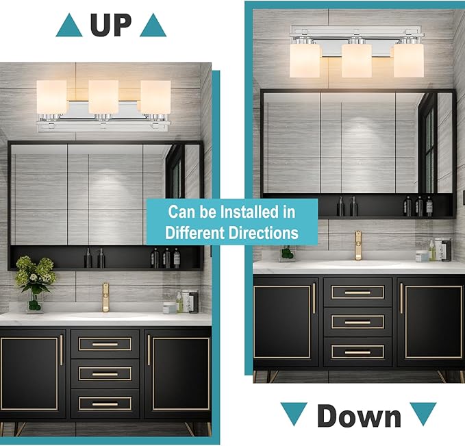 3 Light Modern Bathroom Light Fixtures Over Mirror, Chrome Vanity Lights for Bathroom Wall Sconces with Milky White Glass Shades, E26 Socket (Bulbs Not Included)