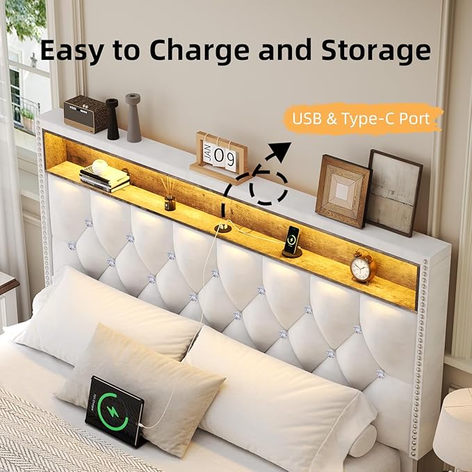 HOMBCK Full Size Bed Frame with LED Lights, Velvet Upholstered Bed Frame Full with Charging Station and Storage Headboard, Modern Diamond and Rivet Design, No Box Spring Needed, Easy Assembly, Beige