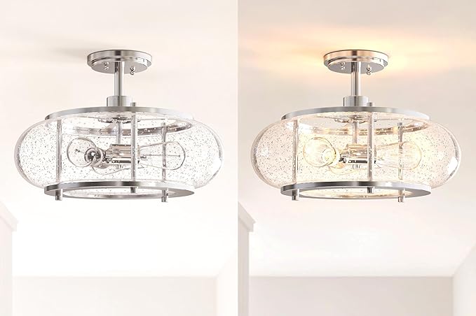 Elisha 3-Light Semi Flush Mount Ceiling Light with Seedy Glass Shade in Brushed Nickle Finish for Hallway, Entryway, Passway, Dining Room, Bedroom, Garage, Kitchen Island, Balcony, Living Room