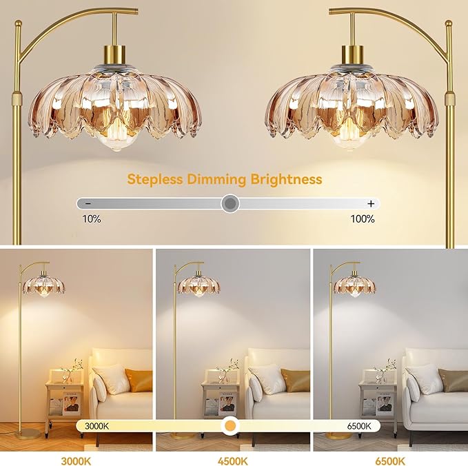 Arc Floor Lamp with 3 Color Temperatures,Gold Floor Lamp with Remote & 3 Color Temperature,Mid Century Modern Standing Lamp with Glass Lampshades,Vintage Tall Floor Lamps for Living Room Bedroom