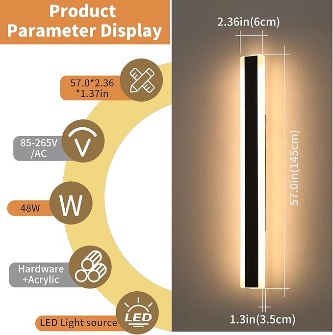 57inch Modern Outdoor Wall Sconce, 3 Color 3000K/4500K/6000K, 50W, IP65 Waterproof Outside Long Wall Lights, Minimalist Linear Wall Lamp Lighting for Balcony, Patio, Porch, Garage