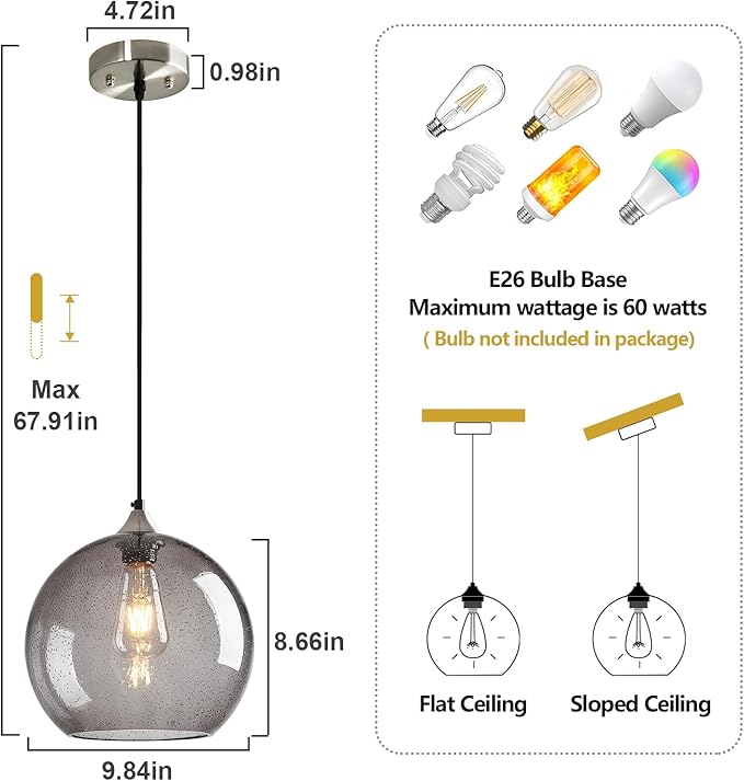 Light Grey Glass Pendant Lights Kitchen Island Globe Pendant Light Fixtures Modern Pendant Lighting for Bedroom Living Dining Room Light Fixture (9.84 in, 3 Pack)